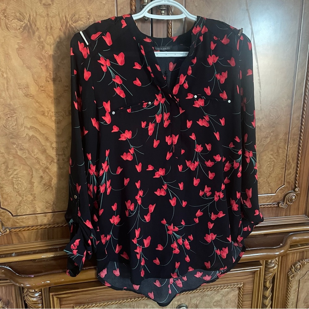 Dynamite Black and Red Floral Blouse